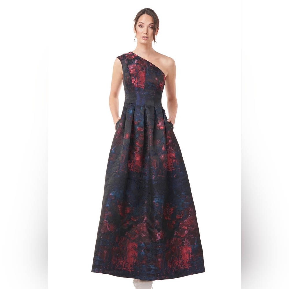 Kay Unger One-Shoulder Black Dress with Red and Blue Floral Jacquard